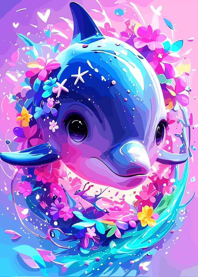 Cute Dolphin Surrounded by Flowers