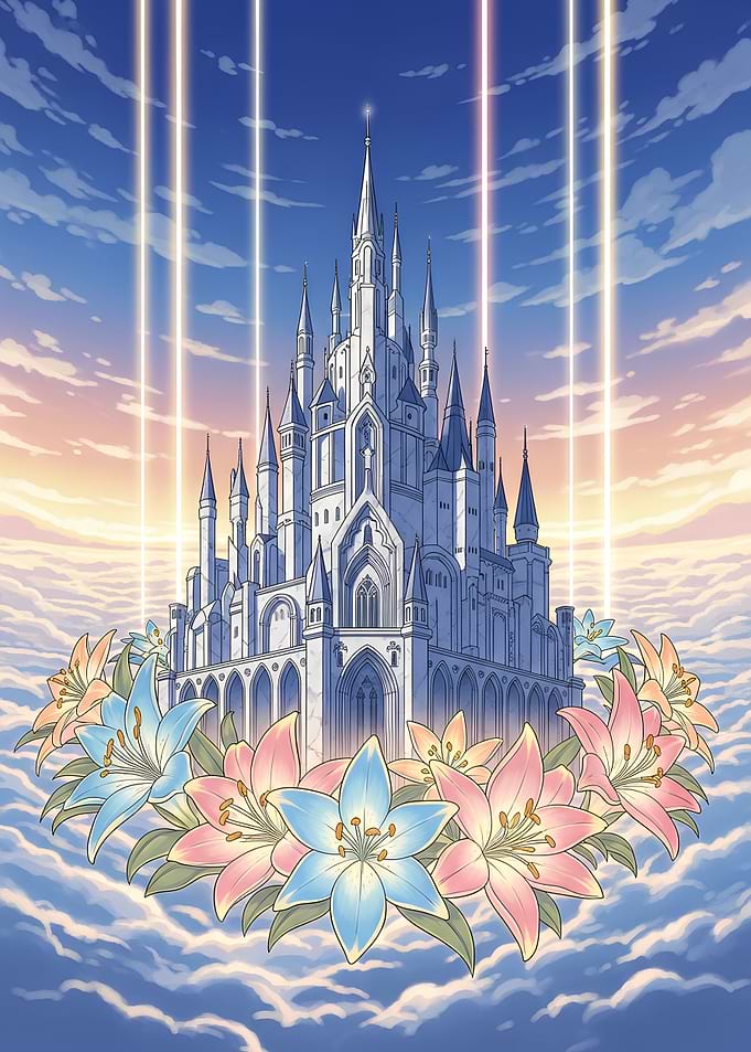 Fantasy Castle with Flowers and Light Beams