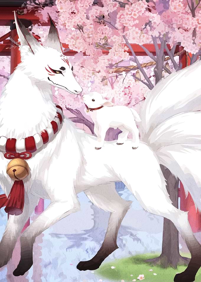 Kitsune and Lamb Under Cherry Blossoms