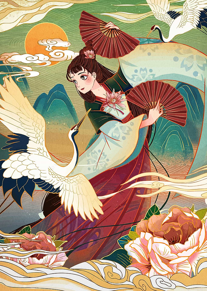 Traditional Asian Woman with Cranes and Fans