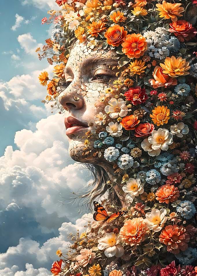 Woman's Face Covered in Flowers