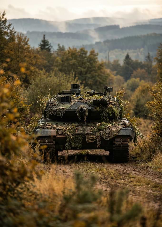 Camouflaged Tank in Autumn Forest
