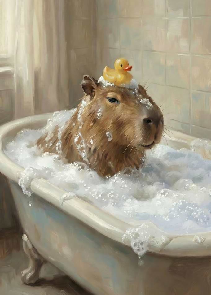 Capybara in a Bubble Bath with Rubber Duck