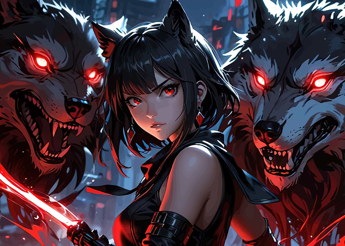 Anime Girl with Wolves and Energy Sword
