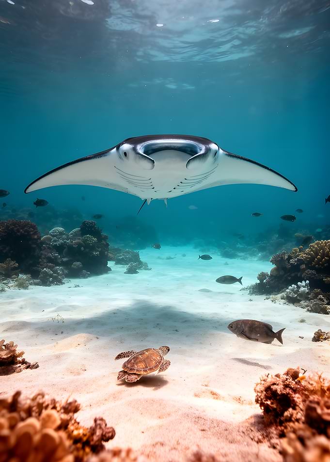 Manta Ray and Sea Turtle Underwater