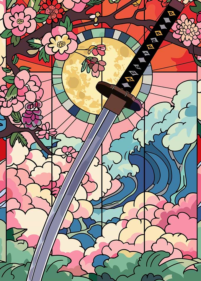 Samurai Sword with Cherry Blossoms and Waves