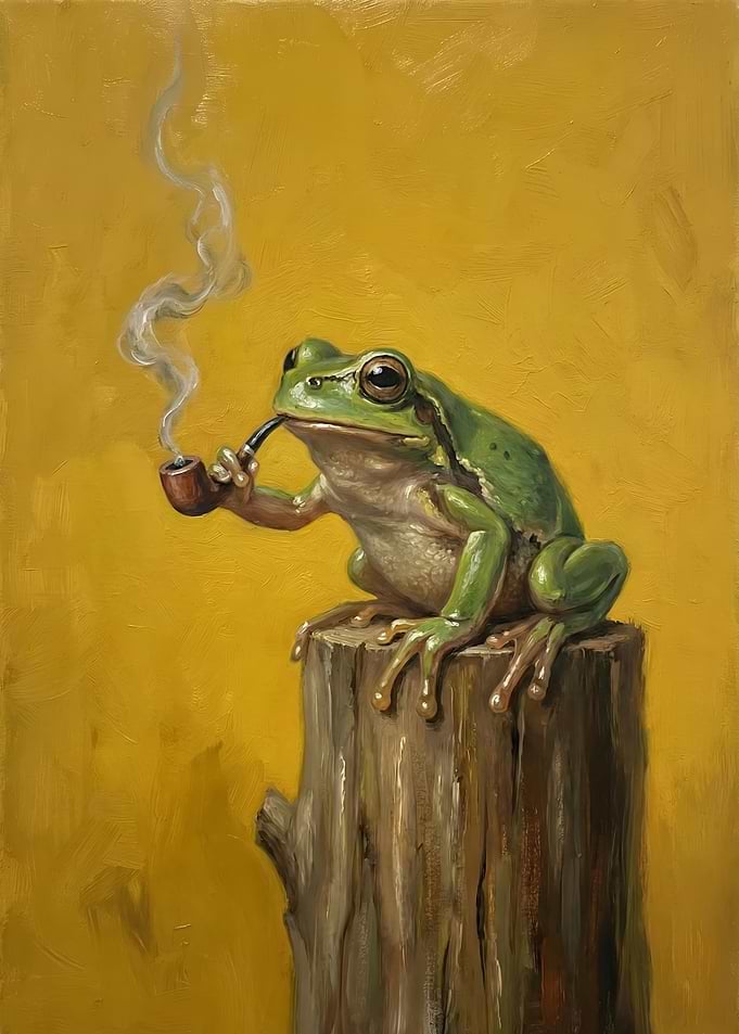 Frog smoking a pipe on a tree stump