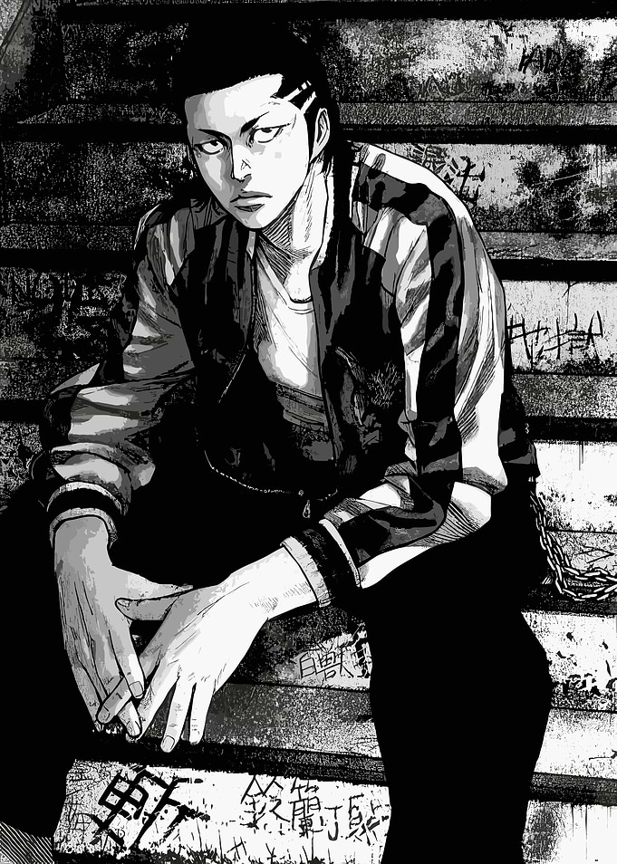 Manga character sitting on stairs