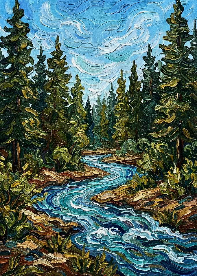 Impressionist River Through Pine Forest