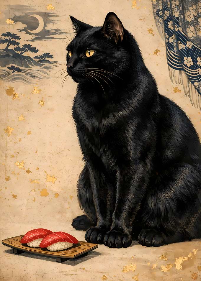 Royal Black Cat With Wooden Sushi Geta