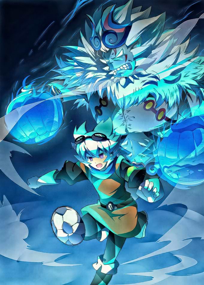 Anime boy playing soccer with spirit