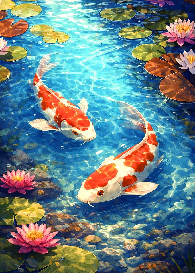 Koi Fish in Clear Blue Pond