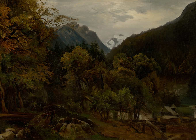 Alpine Valley with Village and Mountains