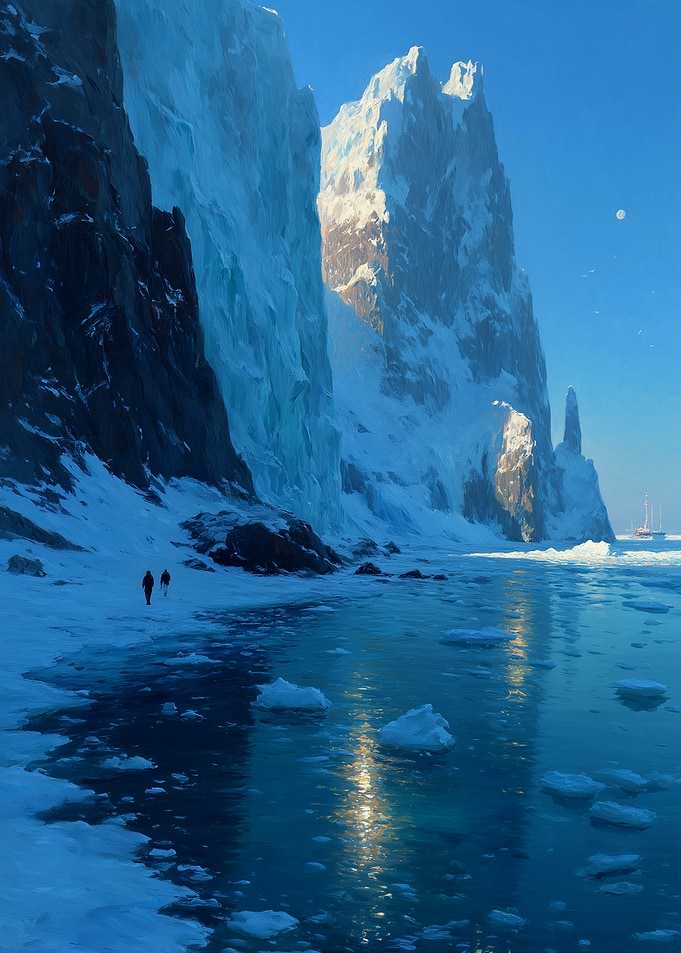 Arctic landscape with icebergs and mountains