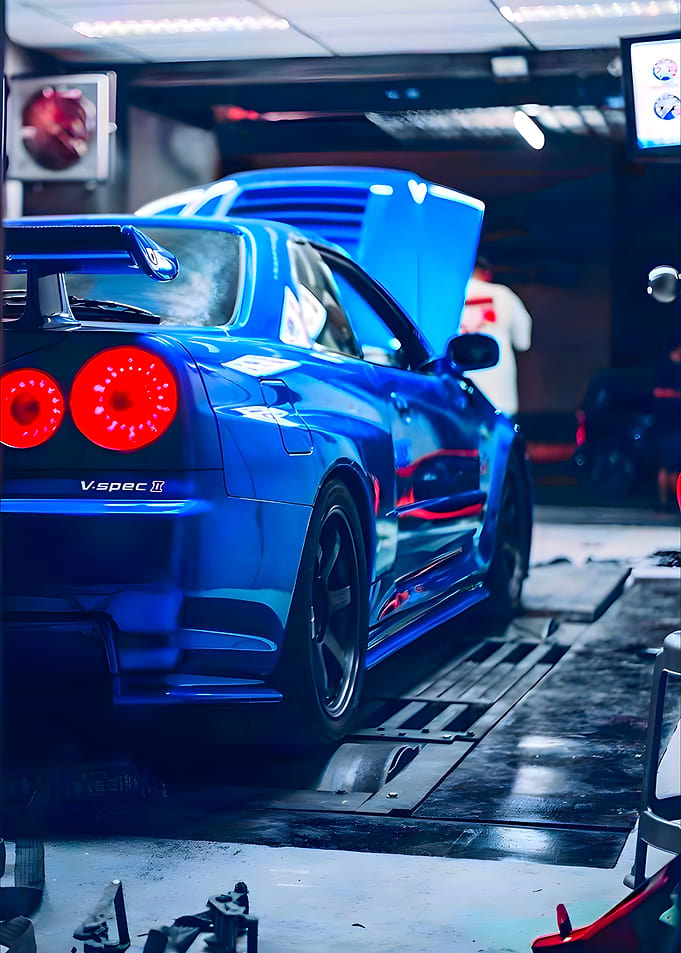 Blue Nissan Skyline GT-R V-Spec II on Dynamometer