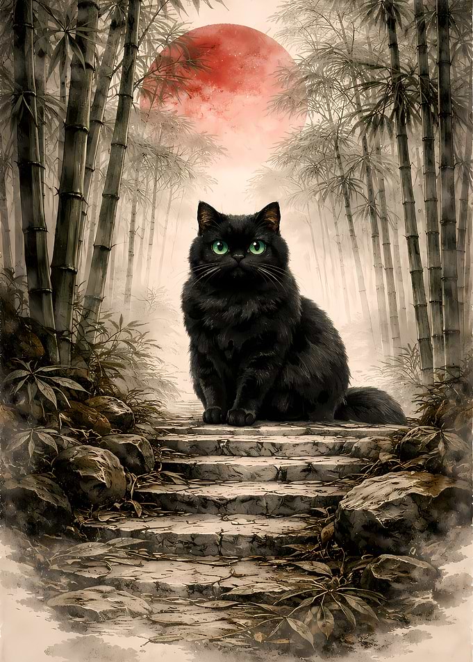 Black Cat in Bamboo Forest with Crimson Red Sun