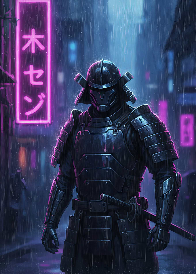 Cyberpunk Samurai in Neon Rain