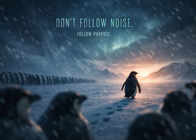 Penguin walking away from the crowd