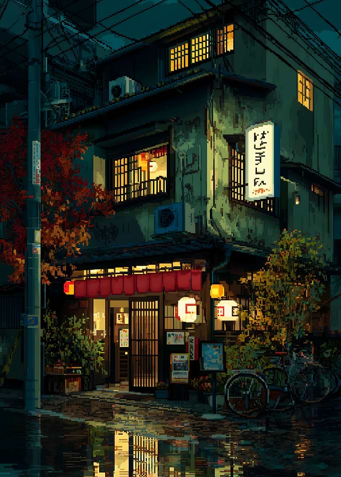 Pixel Art Japanese Street Scene at Night