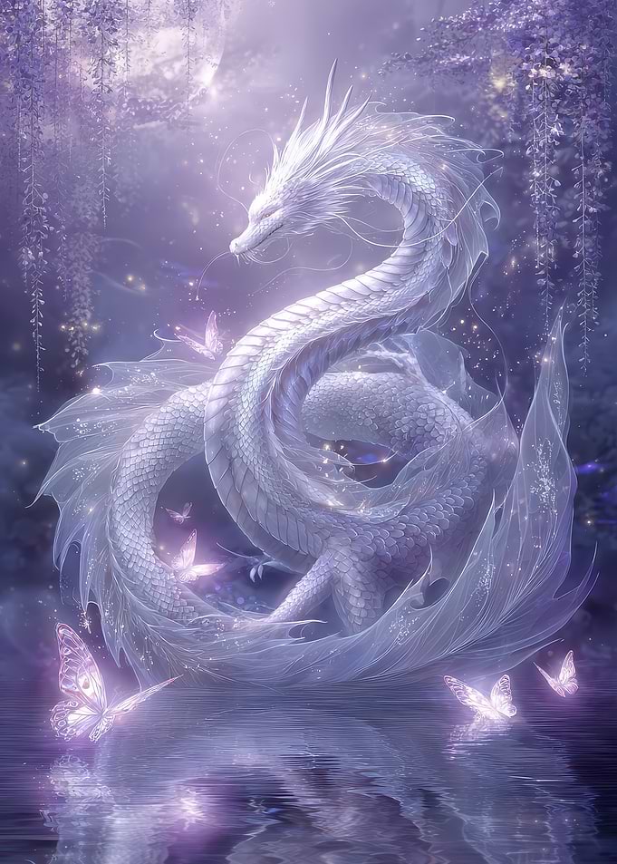 Ethereal White Dragon with Butterflies