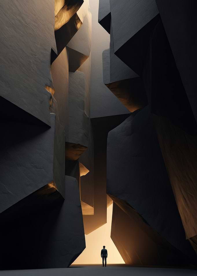 Man in a canyon at sunset