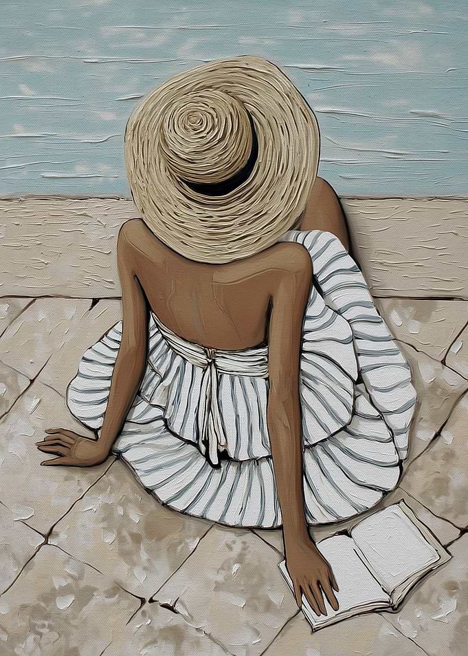 Woman in straw hat reading by the water