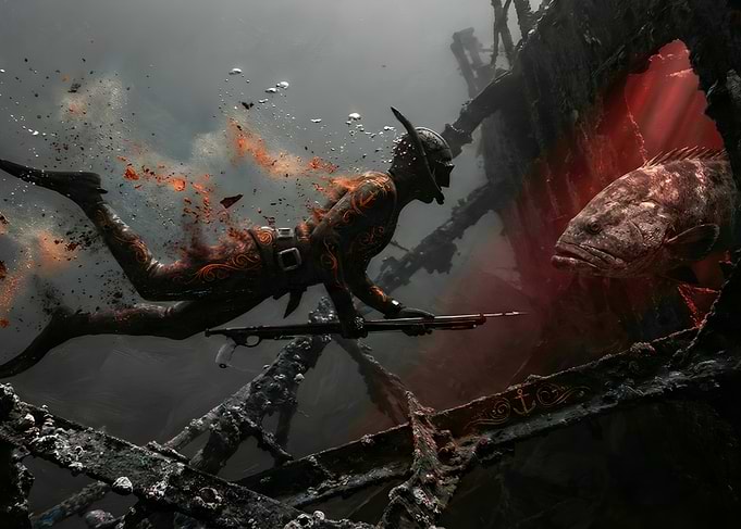 Spearfisher in Underwater Wreckage