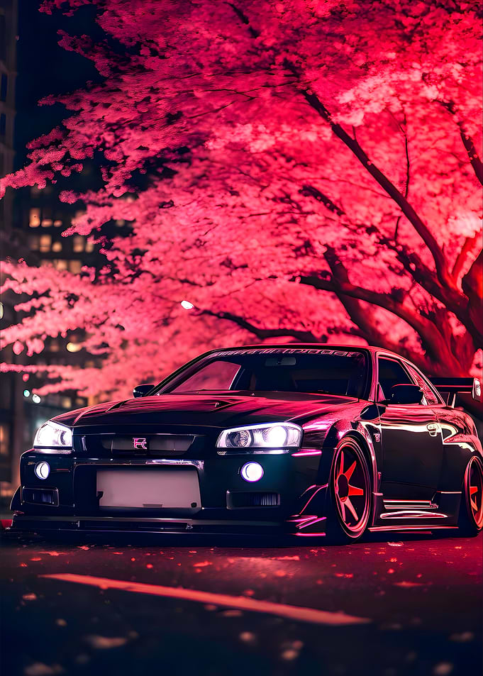 Tuned Nissan Skyline R34 under Cherry Blossoms