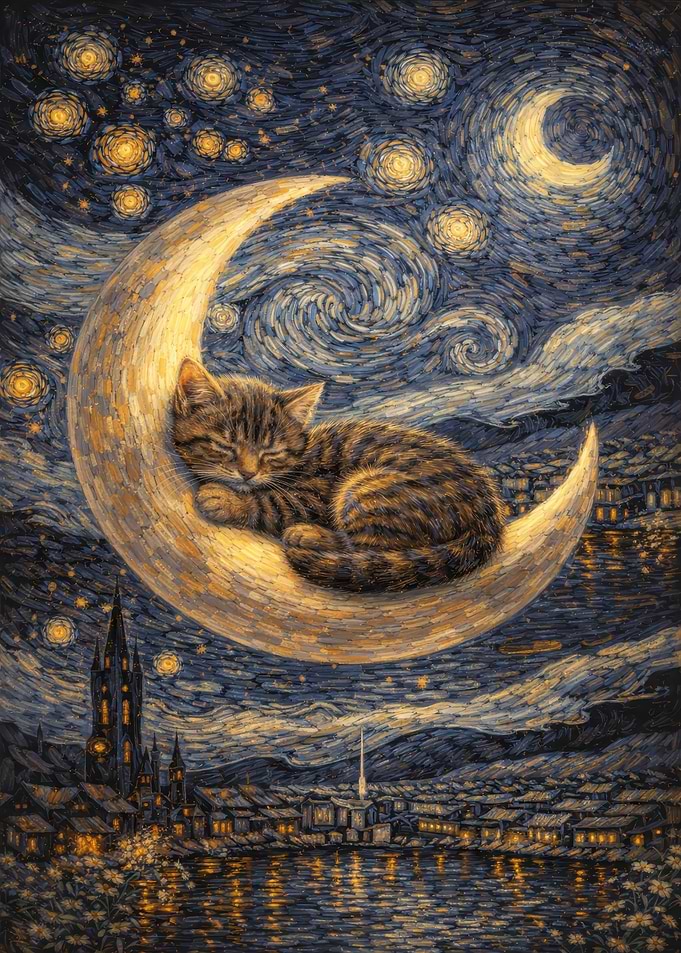 Cat Sleeping on Crescent Moon