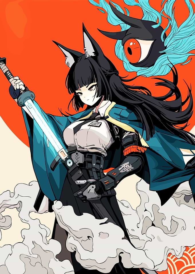 Anime Girl with Sword and Eyeball Monster