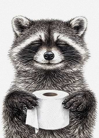 Happy Raccoon Holding Toilet Paper