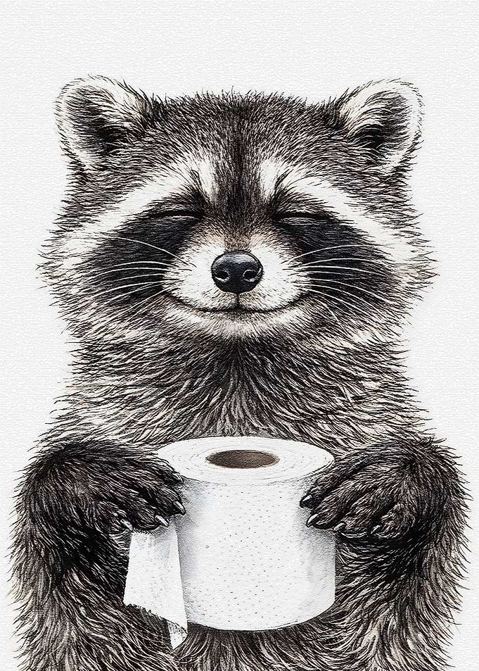 Happy Raccoon Holding Toilet Paper