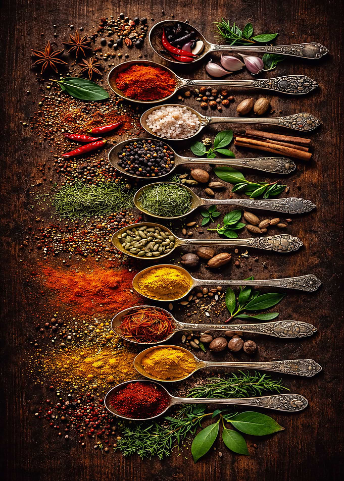 Assortment of Spices in Antique Spoons