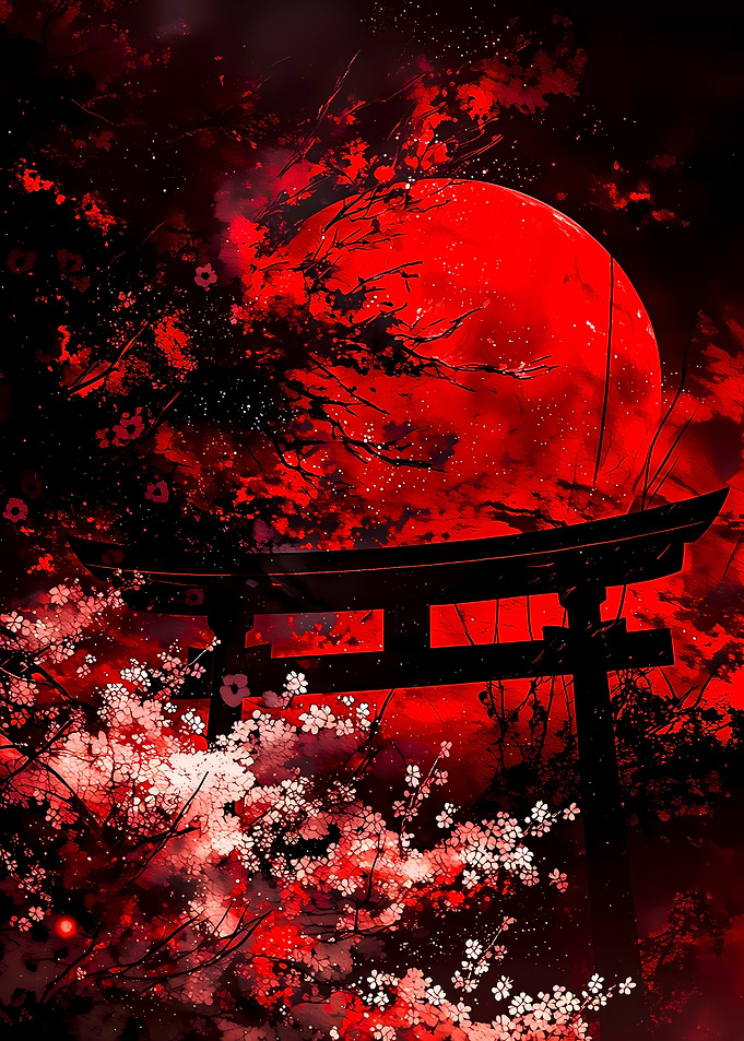 Red Moon Torii Gate Cherry Blossoms