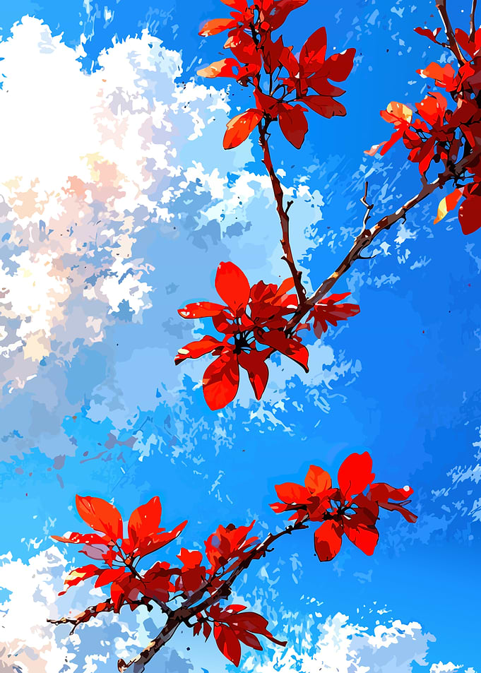 Red leaves against blue sky