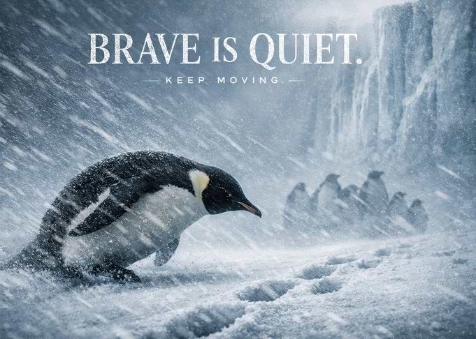Brave is Quiet. Keep Moving. Penguins in Snow
