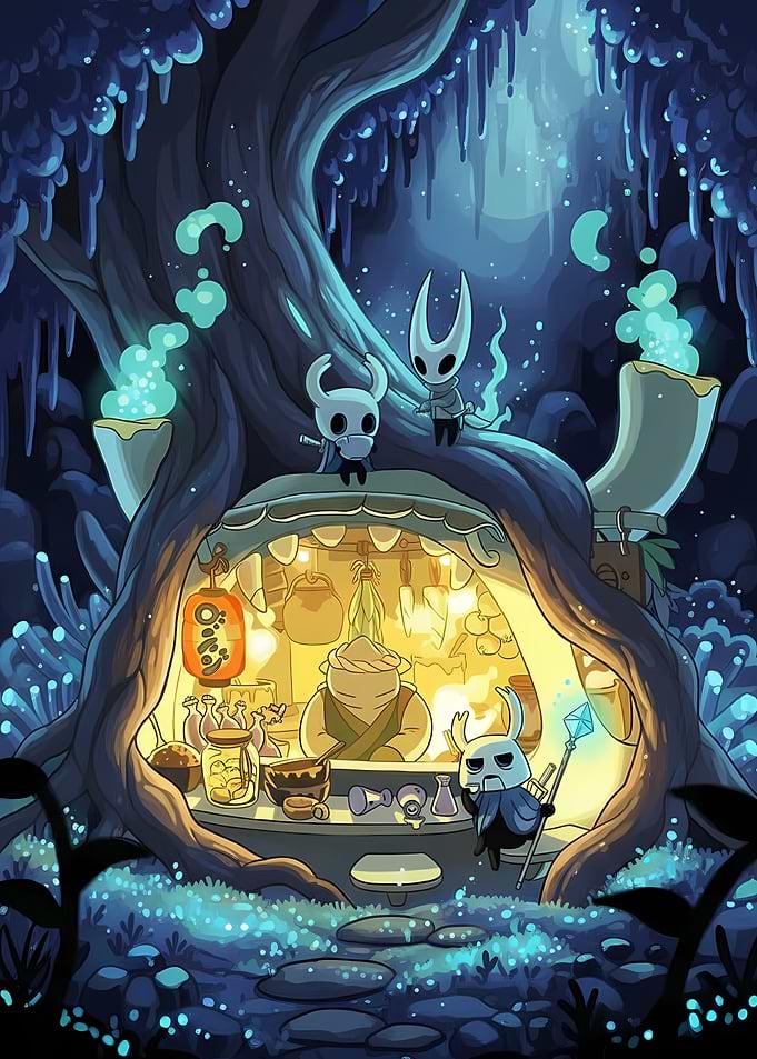 Hollow Knight characters at a shop