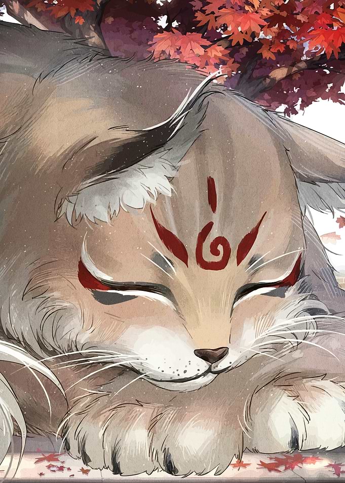 Sleeping Fox Spirit with Autumn Leaves