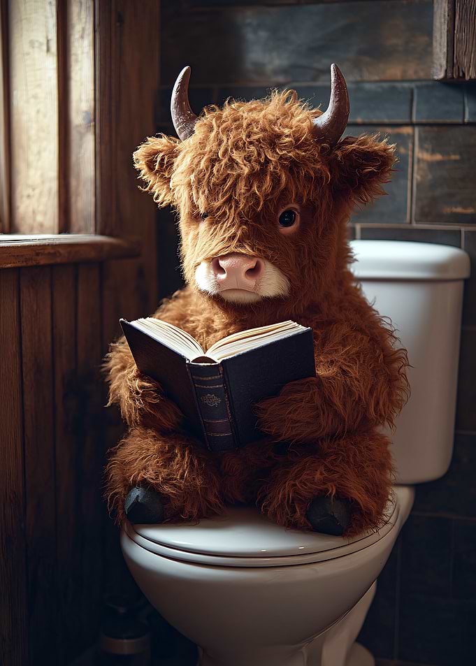 Highland Cow Reading a Book on Toilet