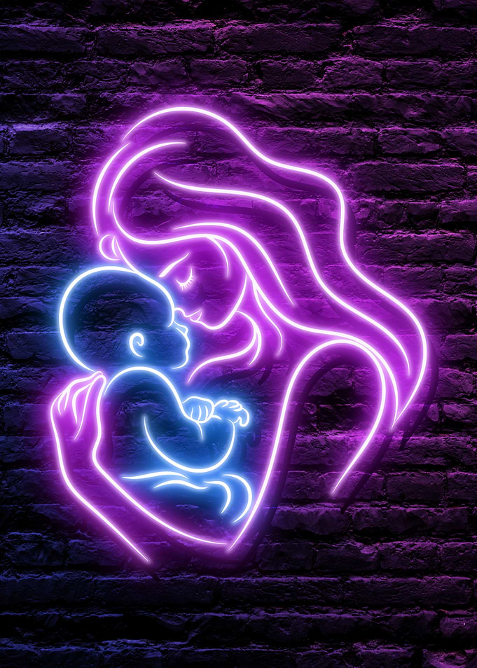 Neon Purple Loving Mom Gender Reveal Motherly Love with a Blue Male Baby Boy on dark brick wall background