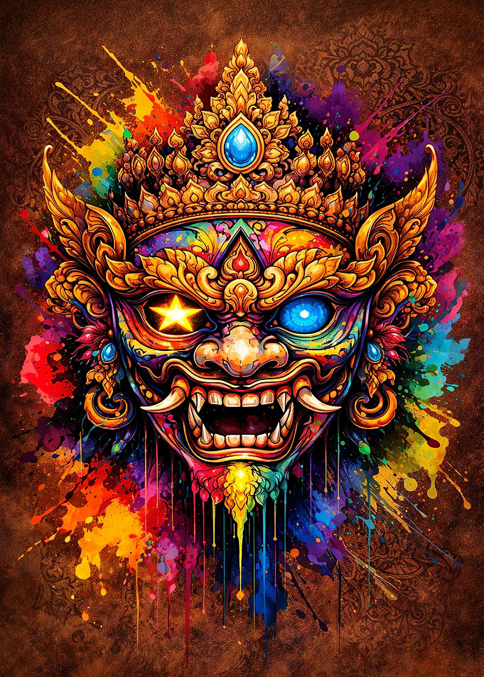 Vibrant Demon Mask with Crown