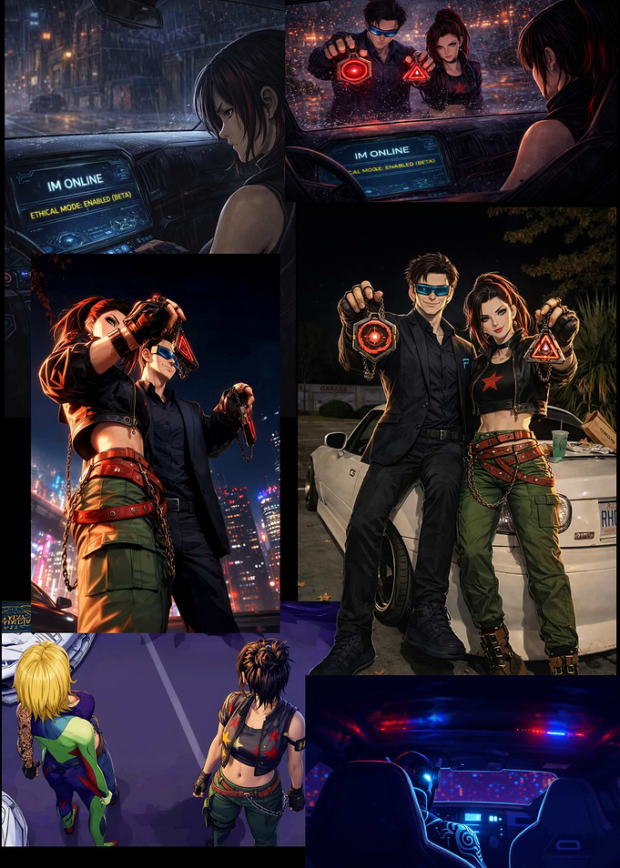 Cyberpunk characters with glowing symbols