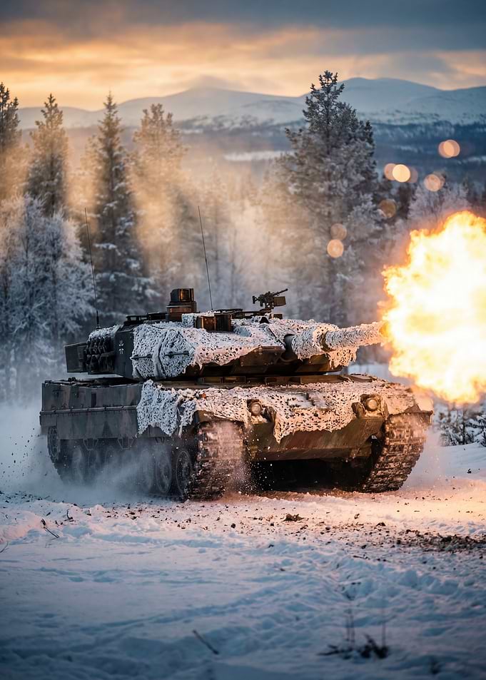 Tank Firing in Snowy Forest