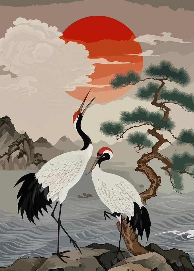 Two Cranes Under a Red Sun