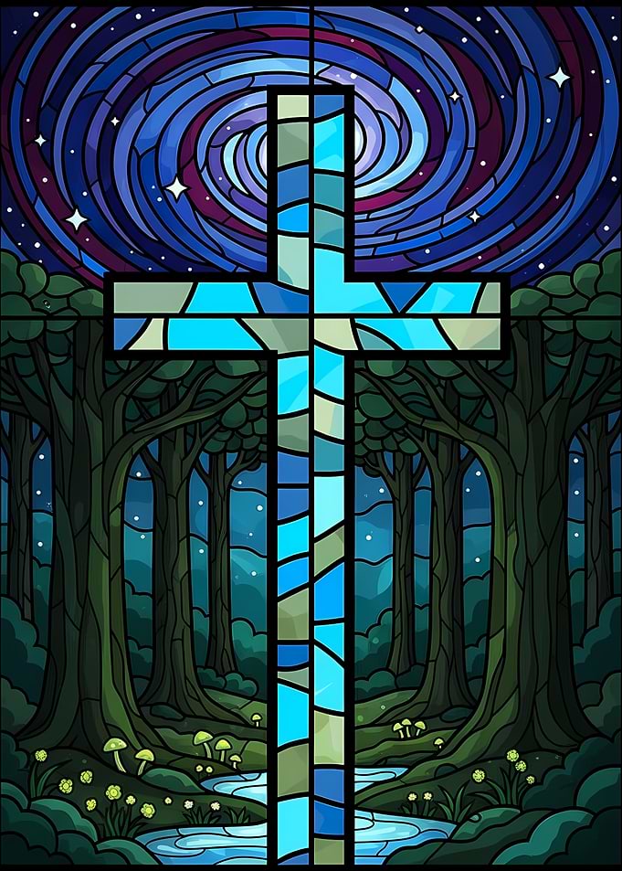 Stained Glass Cross in Forest Night Sky