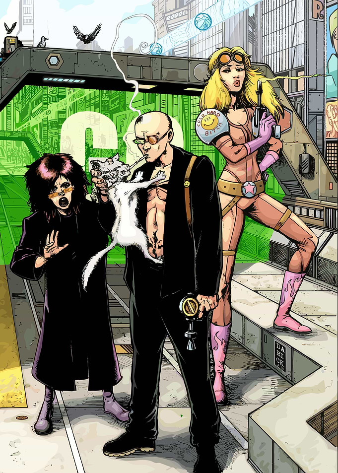Comic Characters with Cat and Gun