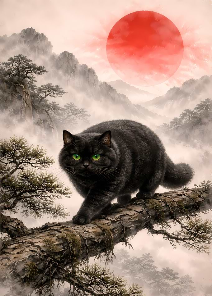 Black Cat Walking on Pine Branch with Red Sun