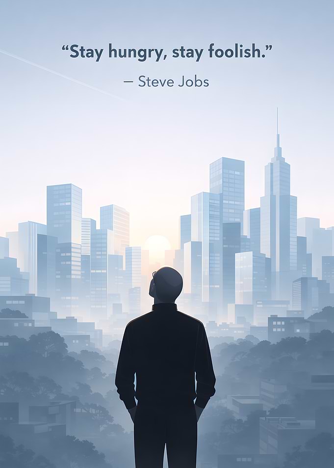 Steve Jobs quote over cityscape