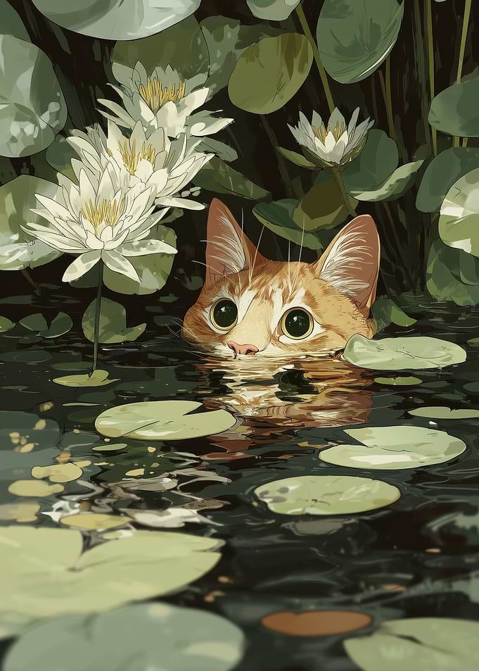 Cat Peeking From Water Lilies