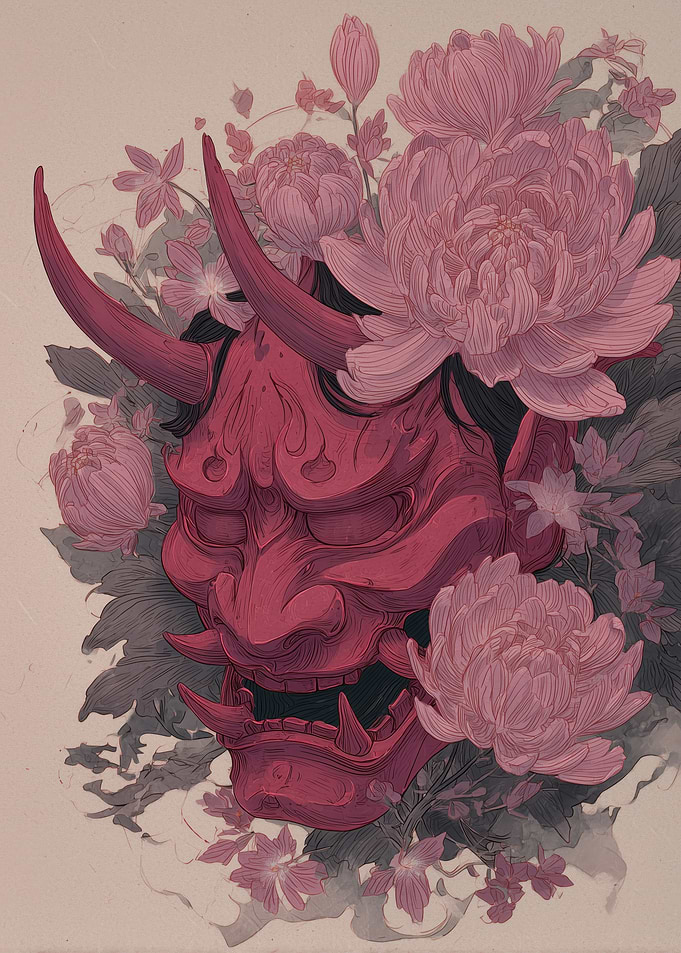 Red Oni Mask with Pink Flowers
